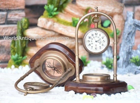 Personalized Antique Brass Clock Compass: Engraved Desk Watch