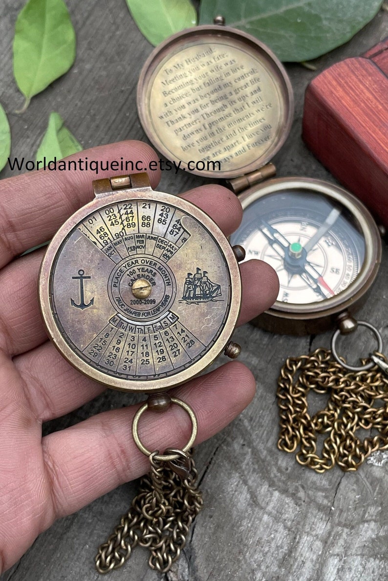 Personalized Gifts, Engraved Compass, Personalized compass WITH 100 Years Calendar, Antique compass, Vintage Compass, Nautical Custom Gifts image 1