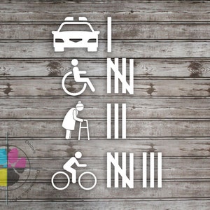 May include: A white vinyl decal featuring four rows of icons and tally marks. The rows depict a police car, a person in a wheelchair, an elderly person with a walker, and a person on a bicycle, each paired with corresponding tally marks.