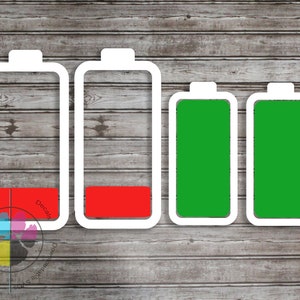 May include: Four battery icons, two are red and two are green, representing different levels of battery charge. The icons are white outlines with a filled-in color inside.