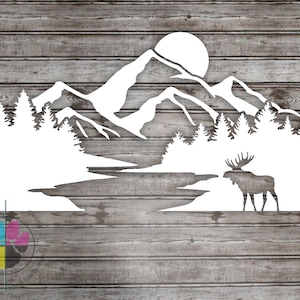 Mountain Range Decal: Moose, River, and Pine Tree Sticker