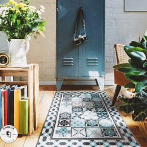 Tricolor Blue Vinyl PVC Mat, Linoleum Rug, Portuguese Decor, Vinyl Floor Mat, Vinyl Rug, Vinyl Mat, Vinyl Floor Tiles, PVC Carpet #28E