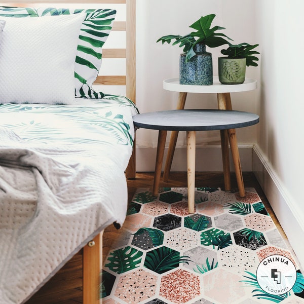 Tapis en PVC Tropic Hex Vinyl, Hexagone, Tapis en PVC, Tapis de salon, Tapis de sol en vinyle Boho Rug, Tapis en vinyle, Tapis en vinyle, Carreaux de sol en vinyle #38E