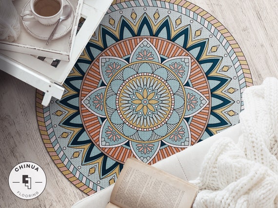 Binding Flower #5M Vinyl Floor Mat, Vinyl Rug, Vinyl Mat, Oriental, Blue, Black, Home Decor, Housewarming Gift, Aesthetic Room Decor, Boho