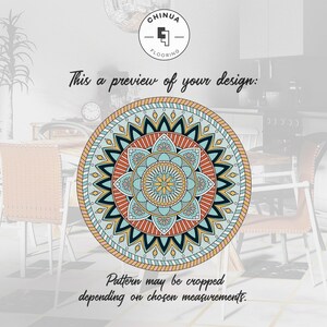 May include: A preview of a round mandala rug design with a blue, yellow, orange, and red color scheme. The rug is shown in a room with white chairs and a wooden table. The text "This a preview of your design: Pattern may be cropped depending on chosen measurements." is displayed above the rug.