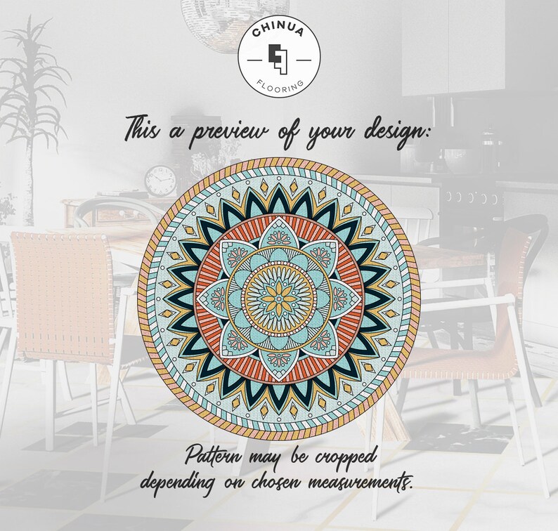 May include: A preview of a round mandala rug design with a blue, yellow, orange, and red color scheme. The rug is shown in a room with white chairs and a wooden table. The text "This a preview of your design: Pattern may be cropped depending on chosen measurements." is displayed above the rug.