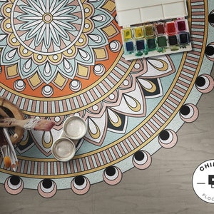 Round Circle #3M Vinyl Floor Mat, Vinyl Rug, Vinyl Mat, Oriental, Blue, Orange, Home Decor, Mandala Pattern Mat, Aesthetic Room Decor, Boho