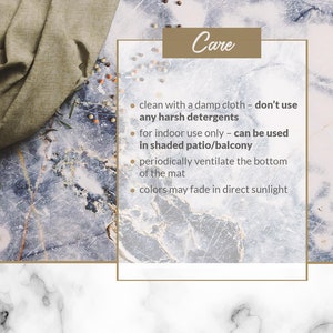 May include: Care instructions for a decorative mat. Clean with a damp cloth, do not use harsh detergents. For indoor use only, can be used in a shaded patio or balcony. Periodically ventilate the bottom of the mat. Colors may fade in direct sunlight.