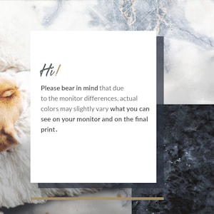 May include: Text on a white background with a black border, "Hi! Please bear in mind that due to the monitor differences, actual colors may slightly vary what you can see on your monitor and on the final print."