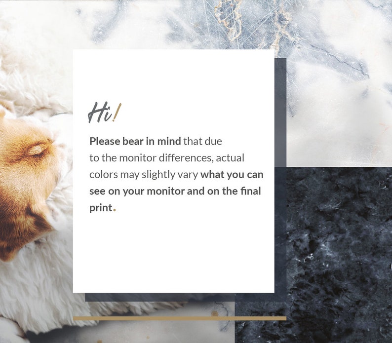 May include: Text on a white background with a black border, "Hi! Please bear in mind that due to the monitor differences, actual colors may slightly vary what you can see on your monitor and on the final print."