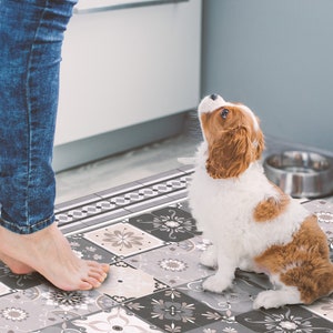May include: A patterned floor mat with a floral design in shades of grey and white. A small dog with brown and white fur sits on the mat, looking upwards. The mat is near a person's feet and a stainless steel dog bowl.