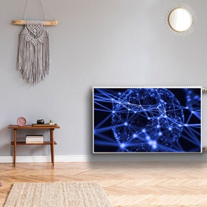 May include: A white electric heater with a blue abstract design featuring a sphere with connected lines and glowing points of light.