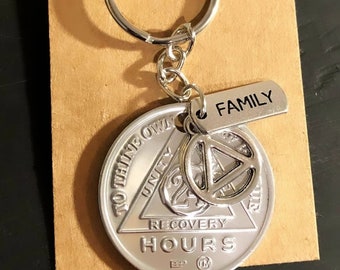 24 hour coin keychain with AA & family charm. Recovery gifts