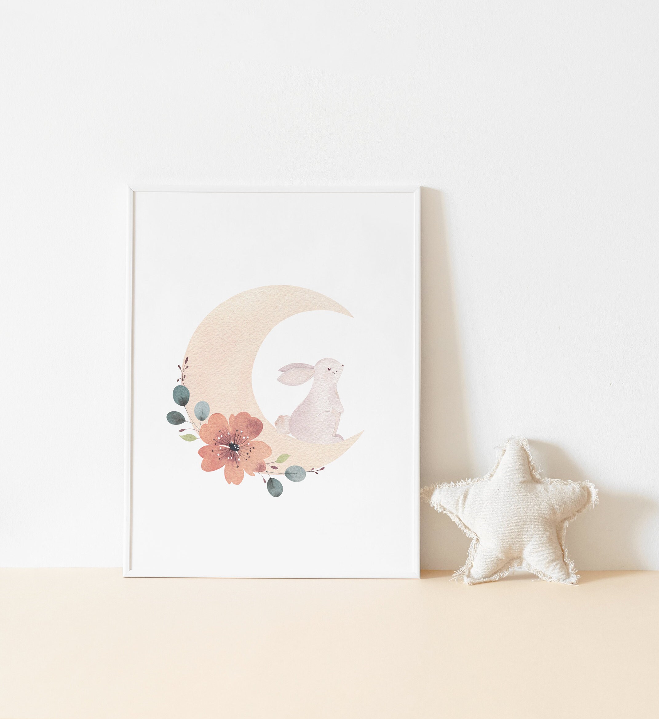 Affiche 13x18 avec Illustration d'un Lapin sur La Lune/Décoration Chambre Enfant Tirage d'art Aquare