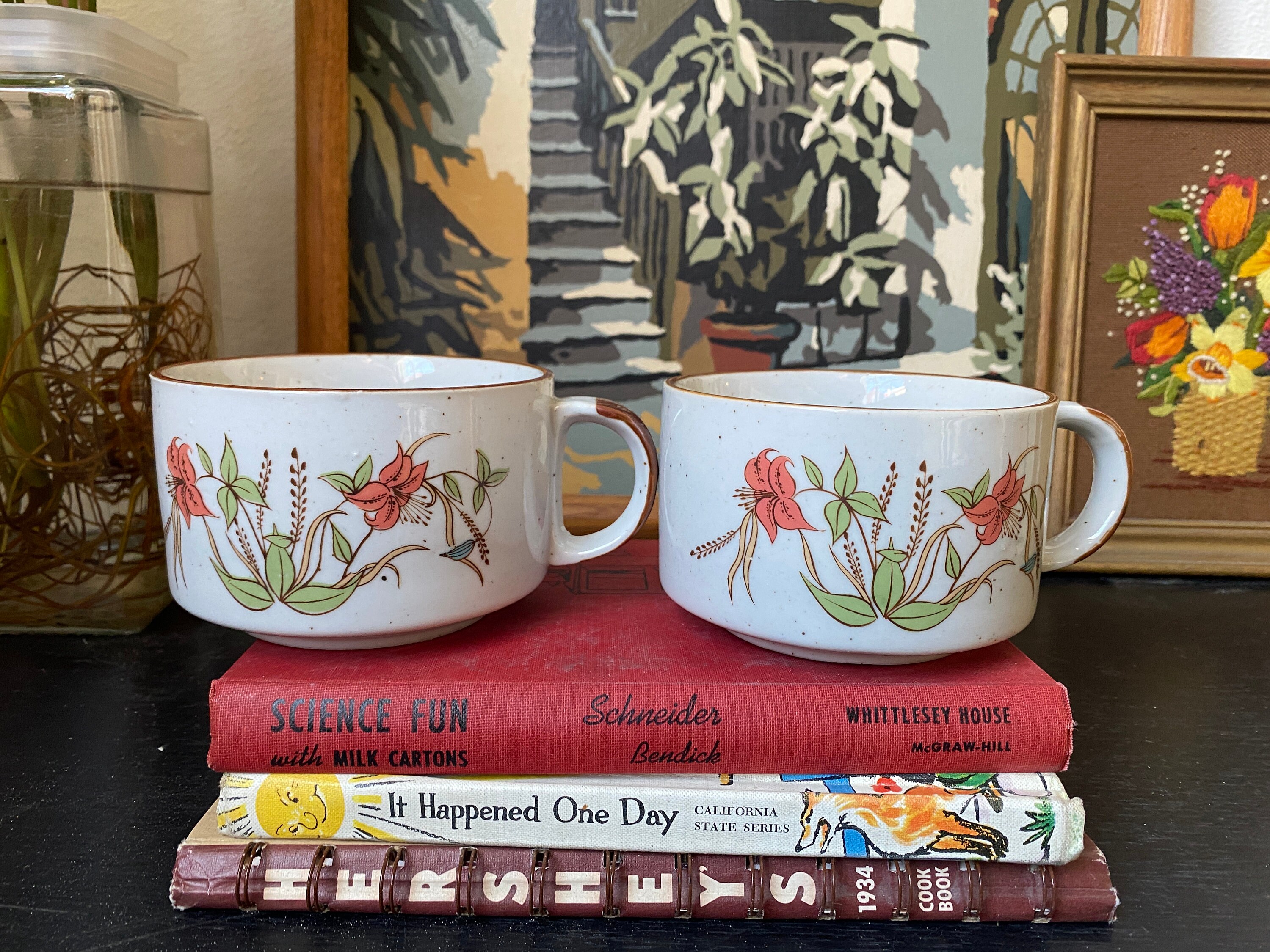 Vintage Floral Stoneware Soup/Coffee/Tea Cups Set of 2 Ceramic | Etsy