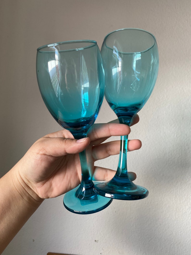 Vintage Aqua Blue Wine Glasses Columbia Cristar No Trim Etsy