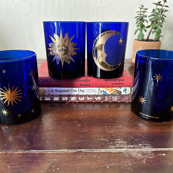 Vintage Culver Celestial Sun, Moon, & Stars Cobalt Blue Mug, 22k Gold Kitchenware Decor, Retro 90s aesthetic Cocktail Barware