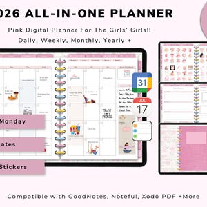 May include: A digital pink planner for 2026, featuring daily, weekly, monthly, and yearly views. The planner includes a calendar, templates, and matching stickers. The text on the image says "2026 ALL-IN-ONE PLANNER" and "Pink Digital Planner For The Girls' Girls!!".