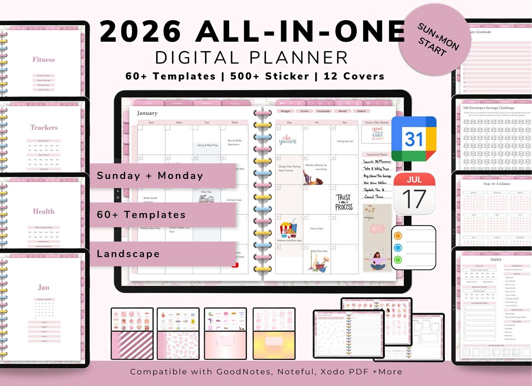2026 Pink Digital Planner With Stickers and Covers, Hyperlinked ...