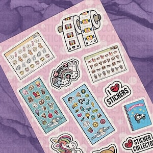 May include: A sheet of pink paper with various colorful stickers. The stickers feature a variety of designs, including food, animals, and rainbows. The text "I Love Stickers" and "Sticker Album" are visible on the stickers.