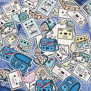 May include: A collection of colorful stickers featuring cute cartoon mailboxes, envelopes, and mailbags. The stickers have a variety of designs, including hearts, stars, and stripes. The text "USPS", "MAIL", "OUTGOING", and "73&cent;" is visible on some of the stickers.