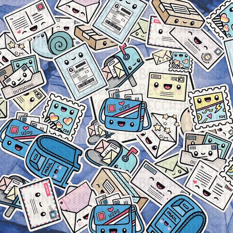 May include: A collection of colorful stickers featuring cute cartoon mailboxes, envelopes, and mailbags. The stickers have a variety of designs, including hearts, stars, and stripes. The text "USPS", "MAIL", "OUTGOING", and "73&cent;" is visible on some of the stickers.