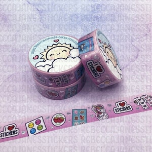 May include: Three rolls of pink washi tape with various designs, including a sun, clouds, hearts, and the text "I love stickers".
