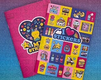 May include: Two sticker books with colorful designs. One is pink with a heart and the words "My Stickers". The other is a patchwork of squares with various sticker-themed images and the words "I Love Stickers".