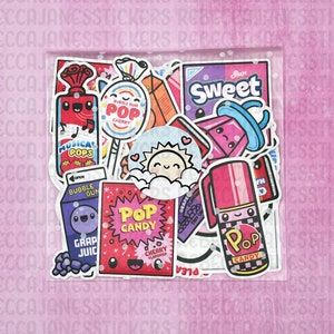 May include: A set of colorful stickers featuring various cartoon characters and designs. The stickers include a pink and white bubble gum pop, a red and white musical pops, a pink and white sweet candy, a pink and white pop candy, a pink and white grape juice, a pink and white sun, and a pink and white lipstick.