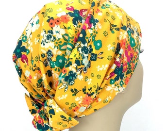Golden Flowers Women&#39;s Scrub Hat . Doctors and Nurses Surgical Cap . Floral OR Theater Cap . Hospital Head Bonnet . LPN PA Hat by CareKaps