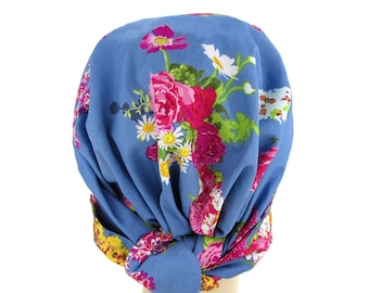 Ready to Ship ~ Summer Sky Floral Print CareKap Womens Adjustable Hair Wrap . Head Covering and Scrub Cap Scarf Soft Hat