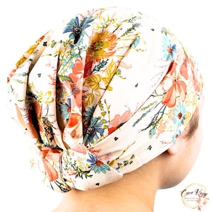 Apricot Mallow Peach Floral Luxury Hair Scarf . Wildflowers Modesty Head Covering . Mitpachat Tichel Hijab Head Scarf . Alopecia Chemo Cap