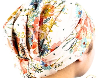 Apricot Mallow Peach Floral Luxury Hair Scarf . Wildflowers Modesty Head Covering . Mitpachat Tichel Hijab Head Scarf . Alopecia Chemo Cap