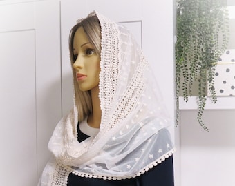 CHAPEL MANTILLA /Lace Mantilla/Long scarf Veil/ Church Headcovering/ Mass Mantilla/Praying Scarf Veil Mantilla