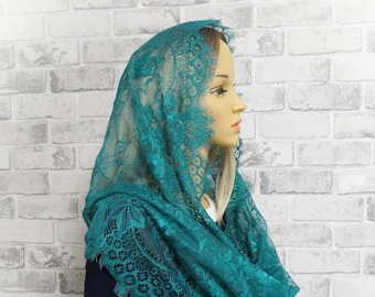 CHAPEL MANTILLA, Beautiful traditional vintage inspired french lace infinity scarf, Emerald Green Mantilla Veil