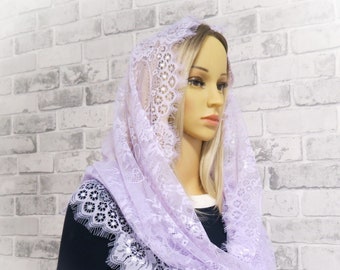 CHAPEL MANTILLA, Beautiful traditional vintage inspired french lace infinity scarf, Lilac Mantilla Veil