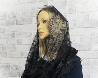 CHAPEL MANTILLA, Beautiful traditional vintage inspired french lace infinity scarf, Black Mantilla Veil