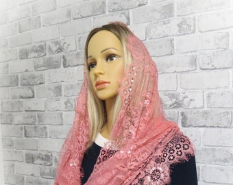 CHAPEL MANTILLA, Beautiful traditional vintage inspired french lace infinity scarf, Dark pink Mantilla Veil