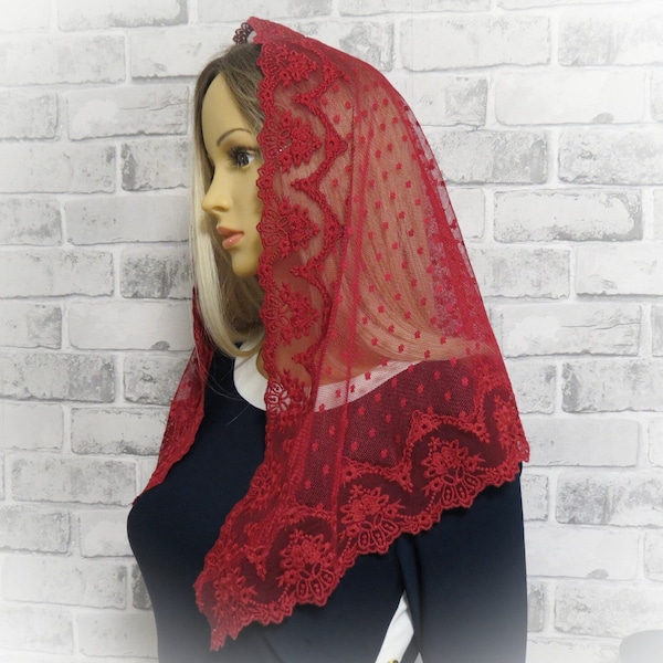 CHAPEL MANTILLA, Traditional Catholic  Lace Mantilla, Red Chapel Veil mantilla