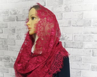 CHAPEL MANTILLA, Beautiful traditional vintage inspired french lace infinity scarf, Maroon Red Mantilla Veil