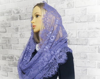 CHAPEL MANTILLA, Beautiful traditional vintage inspired french lace infinity scarf, Dusty Purple Mantilla Veil