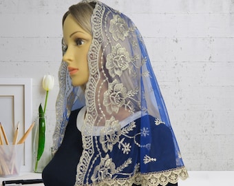 ROYAL BLUE CHAPEL Mantilla, Beautiful traditional vintage inspired embroidery lace  D-shape Mass veil Chapel veil
