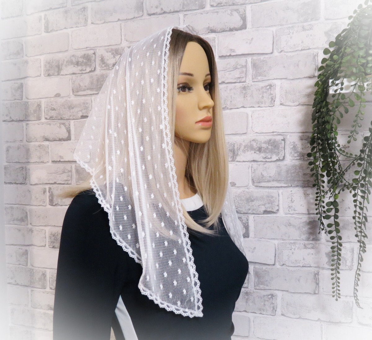 Stylish Head Scarf Black W/ Silver Veil Mantilla chapel lace Silky soft Limited 