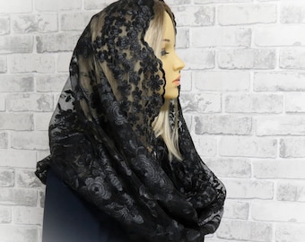 MANTILLA DE CAPILLA Hermosa bufanda infinita de encaje francés de inspiración vintage tradicional Velo de misa Velo de oración de la iglesia Tocado de capilla