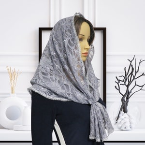 D - Shape Grey Lace Mantilla Veil, Chapel Mantilla, Catholic Mass Veil, Chapel Veil, (LNK0152)