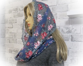 CHAPEL MANTILLA Beautiful traditional vintage inspired french lace infinity scarf Mass veil Church praying veil Chapel headcovering