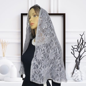 D - Shape Grey Lace Mantilla Veil, Chapel Mantilla, Catholic Mass Veil, Chapel Veil, (LNK0152)