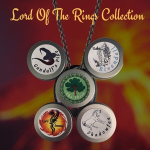 May include: A silver chain necklace with five round metal charms featuring illustrations from The Lord of the Rings. The charms include Gandalf's pipe, The Shire, Rivendell, Smaug, and Shadowfax.
