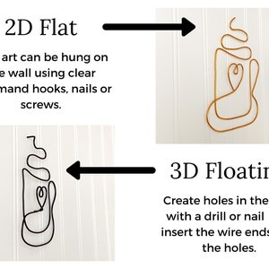 Puede incluir: Dos im&aacute;genes que muestran diferentes formas de colgar arte de alambre. La primera imagen muestra una escultura de alambre dorado de una taza de caf&eacute; con un coraz&oacute;n en una pared blanca con el texto "2D Flat" y "Wall art can be hung on the wall using clear command hooks, nails or screws." La segunda imagen muestra una escultura de alambre negro de una taza de caf&eacute; con un coraz&oacute;n en una pared blanca con el texto "3D Floating" y "Create holes in the wall with a drill or nail and insert the wire ends into the holes."