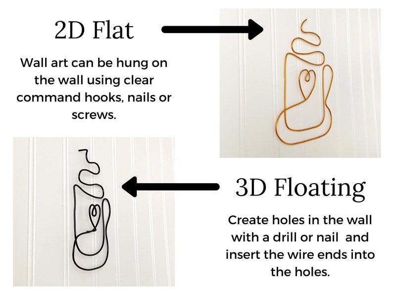 Puede incluir: Dos im&aacute;genes que muestran diferentes formas de colgar arte de alambre. La primera imagen muestra una escultura de alambre dorado de una taza de caf&eacute; con un coraz&oacute;n en una pared blanca con el texto "2D Flat" y "Wall art can be hung on the wall using clear command hooks, nails or screws." La segunda imagen muestra una escultura de alambre negro de una taza de caf&eacute; con un coraz&oacute;n en una pared blanca con el texto "3D Floating" y "Create holes in the wall with a drill or nail and insert the wire ends into the holes."